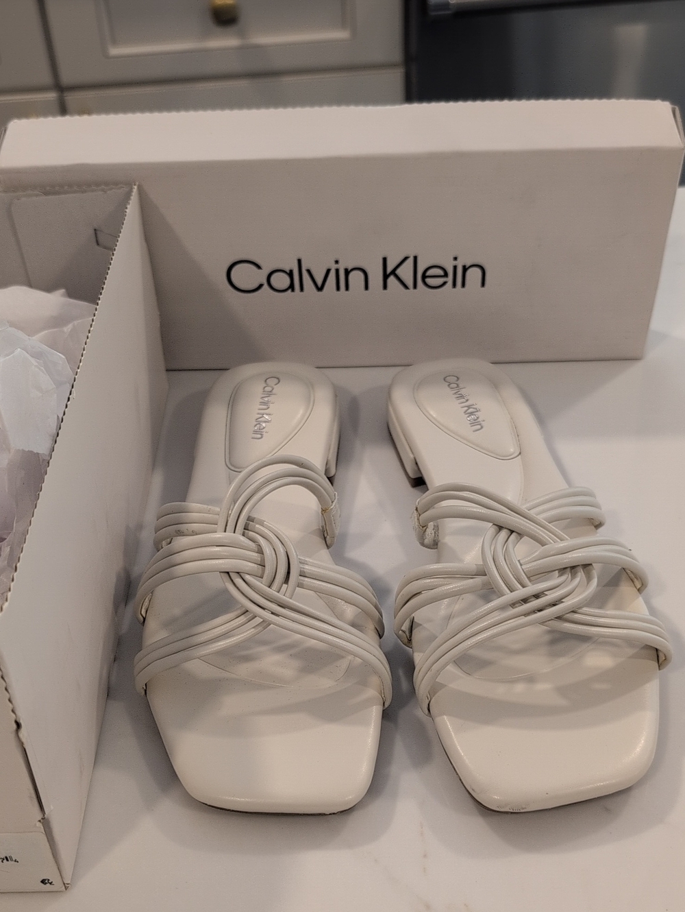 Calvin Klein Off White Knotted Slide Sandals Size 8. NWT